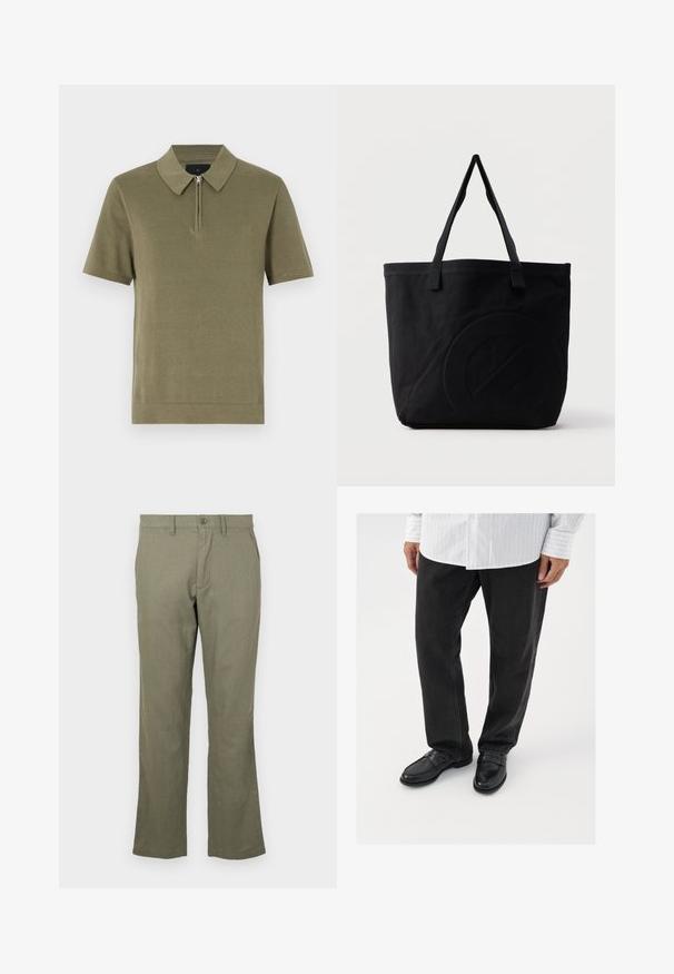 Polo-shirt olive vert à manches courtes, avec un col zippé, un tissu texturé et un ourlet droit. Design simple et épuré.; Pantalons décontractés verts olive en tissu doux. Présentent une coupe droite, des poches avant et une fermeture à bouton. Aucun motif visible.; Pantalons en denim noir associés à des mocassins noirs brillants. La chemise est blanche avec de fines rayures verticales, avec des manches longues et un col boutonné.; Sac fourre-tout en toile noire avec deux bandoulières et un motif circulaire discret en relief sur le devant.