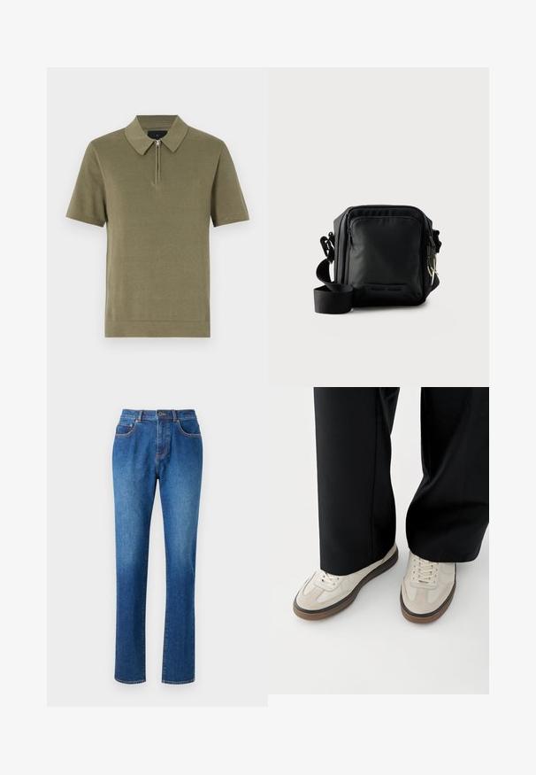 Oliven grøn kortærmet polo skjorte med lynlås krave, tekstureret stof og lige kant. Enkel og ren design.; Blå denim jeans med en lige benpasform, fem lommer, en talje med bæltestropper og kontraststing langs sømmene.; Fødder iført beige sneakers med brune såler og sorte bukser med vide ben på hvid baggrund.; Sort kompakt crossbody taske med front lynlåslomme, justerbar rem og tekstureret stof mod en ensfarvet baggrund.