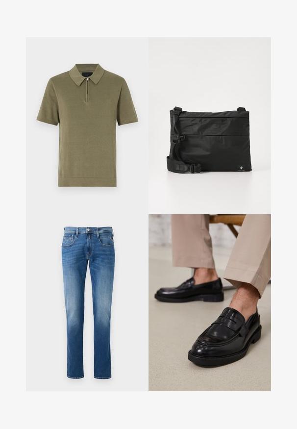 Olivgrünes Poloshirt mit kurzen Ärmeln, ausgestattet mit einem Reißverschluss-Kragen, strukturierter Stoff und geradem Saum. Einfaches und klares Design.; Herren Jeans aus blauem Denim mit einem verwaschenen Finish, gerader Beinschnitt, fünf Taschen und einem Knopfverschluss vorne. Genähte Akzente an den Taschen.; Schwarze Lederloafers mit glatter Oberfläche, ausgestattet mit einem dekorativen Riemen und Kontrastnähten, kombiniert mit beigen Hosen.; Schwarze Nylon-Umhängetasche mit verstellbarem Riemen, flachem Design und seitlichem Etikett mit Logo. Glatte Textur und minimalistischer Stil.