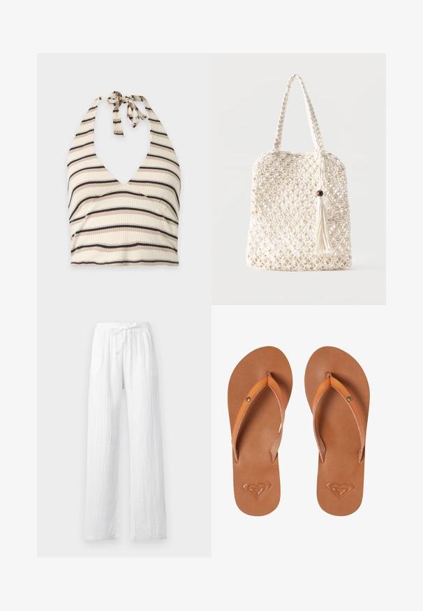 Haut halter crème avec des rayures horizontales noires et beiges, texture côtelée et fermeture à nouer au niveau du cou.; Pantalon blanc léger en lin avec taille à cordon et coupe droite, présenté sur un fond uni.; Tongs synthétiques marron avec des sangles orange, surface texturée et détail de logo en forme de cœur embossé sur la semelle.; Sac fourre-tout en coton blanc tissé avec des poignées tressées et un pompon suspendu orné d'un détail en perle de bois.