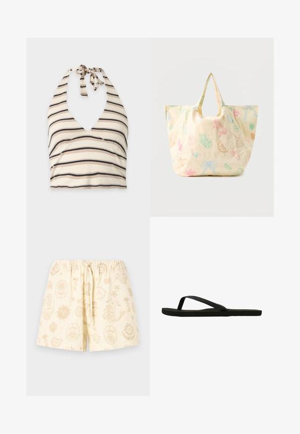 Haut halter crème avec des rayures horizontales noires et beiges, texture côtelée et fermeture à nouer au niveau du cou.; Shorts couleur crème avec taille élastique et cordon, décorés de motifs abstraits beiges de soleil, lune, coquillage et sirène.; Tong noir avec une lanière texturée et une semelle plate. La lanière présente une légère brillance. Design simple, léger et forme flexible.; Sac fourre-tout réutilisable beige clair avec des dessins colorés sur le thème de la mer et de la nourriture, comprenant un crabe, des coquillages, une fraise, une tranche de citron et des rubans.