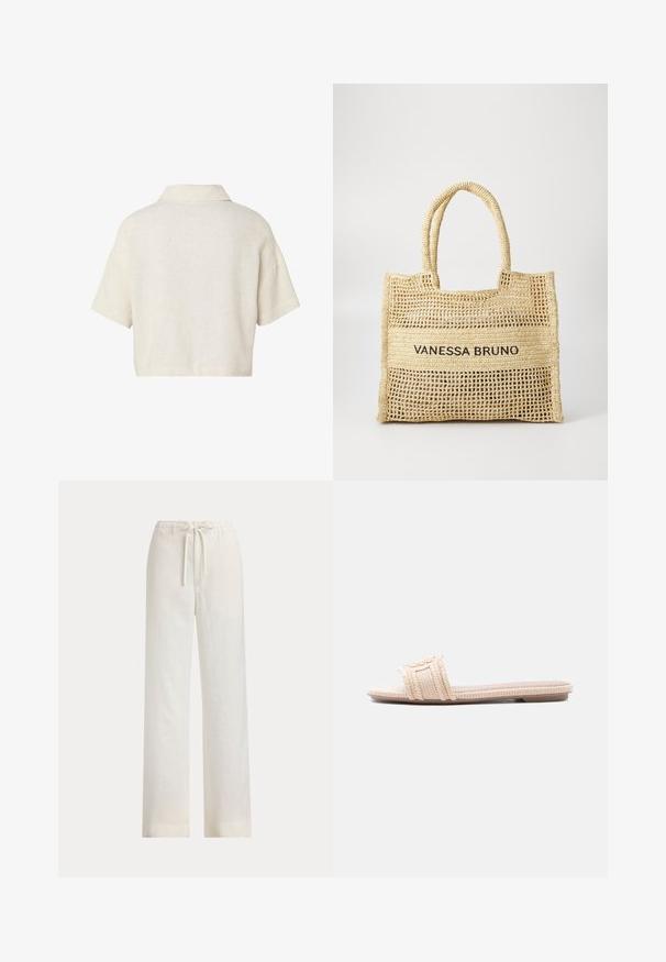 Crop top crème à manches courtes avec un col large, vu de dos sur fond blanc.; Pantalon blanc ample avec taille élastique et cordon, présenté sur un fond uni.; Sandale plate beige avec bride tissée texturée et semelle, présentant un design minimaliste et un talon bas.; Sac fourre-tout tissé beige avec deux poignées et "VANESSA BRUNO" imprimé en noir sur un panneau tissé solide au centre.