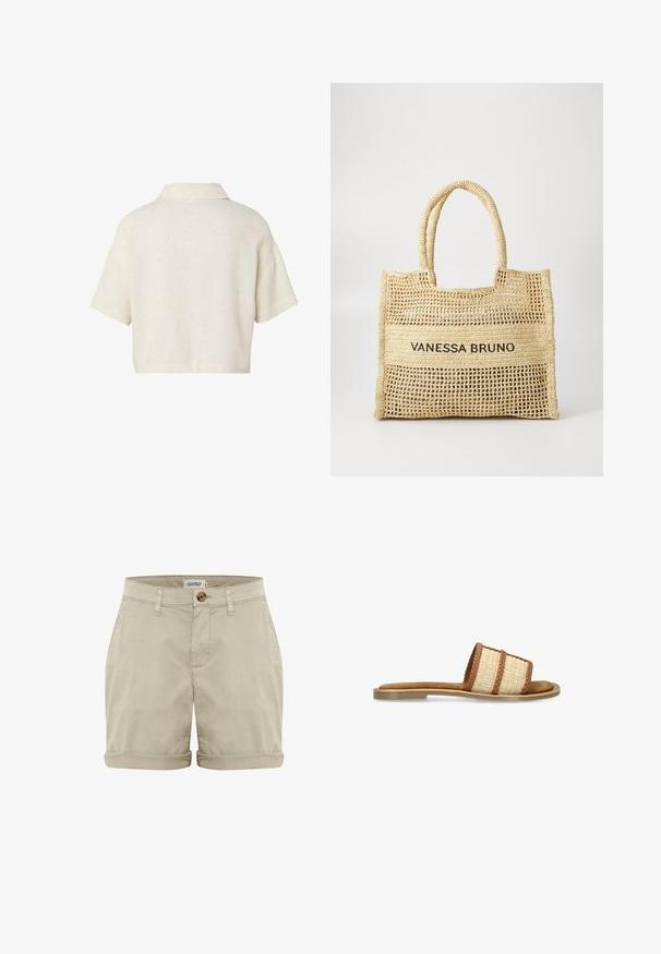 Crop top crème à manches courtes avec un col large, vu de dos sur fond blanc.; Shorts en coton beiges avec un ourlet retroussé, dotés d'une fermeture à bouton sur le devant et de poches cousues. Texture lisse avec des détails minimes.; Sandale plate à enfiler avec une bride tissée beige et marron et une semelle couleur tan sur fond blanc.; Sac fourre-tout tissé beige avec deux poignées et "VANESSA BRUNO" imprimé en noir sur un panneau tissé solide au centre.