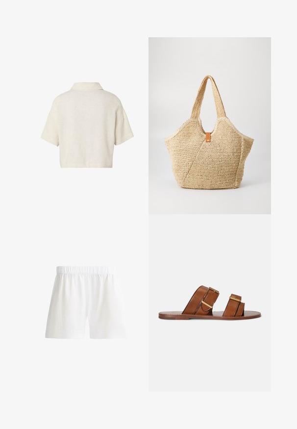 Crop top crème à manches courtes avec un col large, vu de dos sur fond blanc.; Short blanc à taille élastique, ourlet droit et tissu léger, conçu pour un usage décontracté.; Sandales mules en cuir marron avec deux brides réglables, boucles dorées et semelle plate en bois.; Grand sac fourre-tout en paille avec un extérieur texturé beige et deux grandes poignées. Présente une sangle en cuir pour la fermeture.