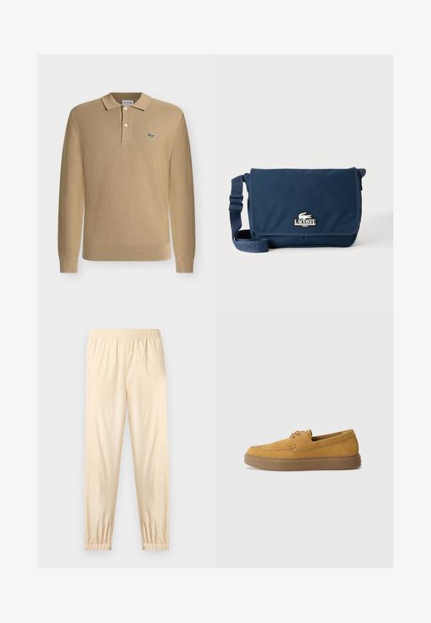 Polo beige à manches longues avec col, deux boutons blancs, poignets et ourlet côtelés, et un petit logo crocodile vert sur la poitrine.; Pantalon beige clair à taille élastique avec poignets froncés, coupe droite et tissu lisse, présenté sur un fond clair uni.; Chaussures slip-on en suède marron avec une finition texturée, un bout rond et une semelle en caoutchouc contrastante. Présente une marque discrète près du talon.; Sac messager Lacoste bleu marine avec bandoulière réglable et écusson logo sur le rabat avant, sur un fond clair uni.