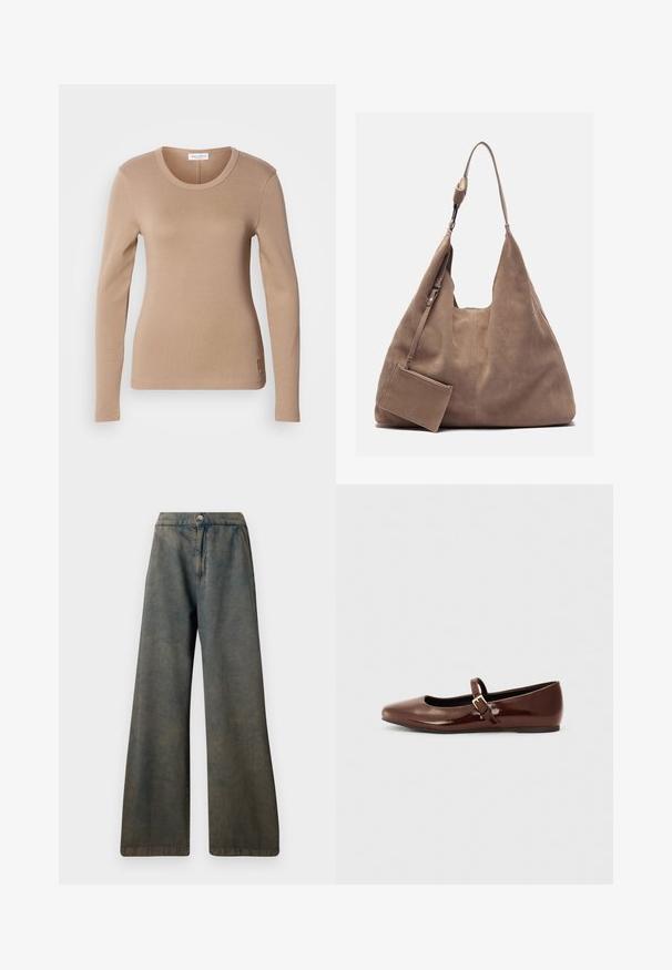 Langærmet top i lys beige med rund halsudskæring og tætsiddende pasform. Lavet af blødt, strækbart stof med en subtil tekstur. Lille logo detail ved kanten.; Mørkeblå vide jeans med høj talje, med lukkning foran med knapper og en diskret tekstur. Stoffet ser let falmet ud.; Brun patentlæder balletflade med firkantet tå og strop med en lille guldbuckle. Glat tekstur, lav hæl og minimalistisk design.; Zign LEATHER - Shopping bags - light brown