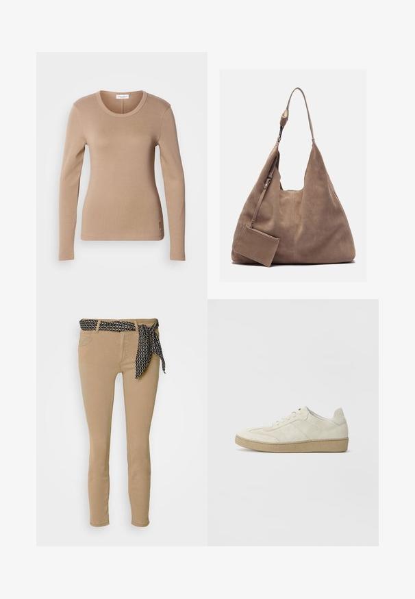 Pitkähihaisessa ykkösessä on vaalea beige väri, pyöreä pääntie ja slim fit -malli. Valmistettu pehmeästä, joustavasta kankaasta, jossa on hienovarainen rakenne. Pieni logotieto helman kohdalla.; Beige kapeedik jeansit musta mustriga vöökoha ja sobiva lipsuga. Omavad viite taskut ja siledat puuvillaseguse tekstuuri.; Vaahtokarkki värisiä mokkasiineja, joissa on teksturoitu muotoilu, litteä kumipohja ja erottuva sivuommel. Pyöreä kärki ja pehmustettu kaulus.; Zign LEATHER - Shopping bag - light brown