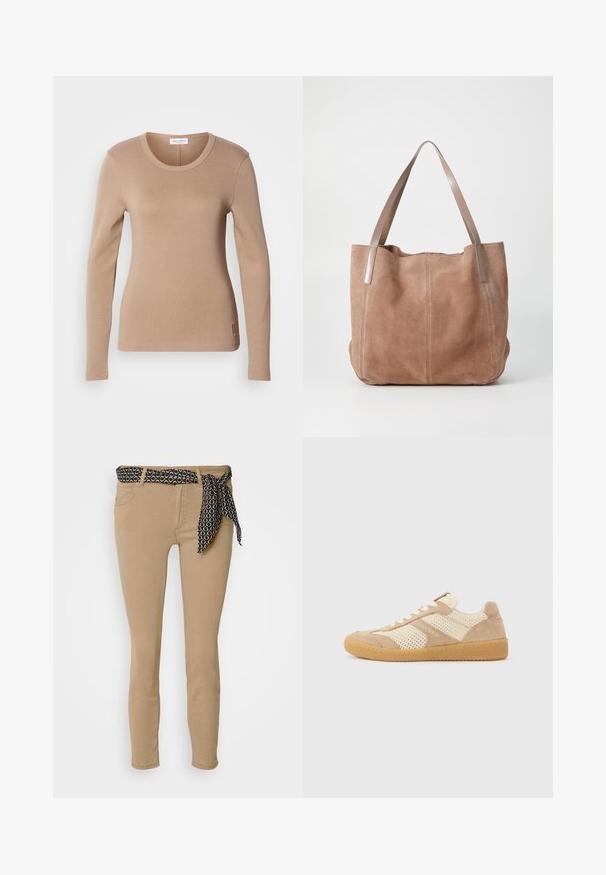 Langærmet top i lys beige med rund halsudskæring og tætsiddende pasform. Lavet af blødt, strækbart stof med en subtil tekstur. Lille logo detail ved kanten.; Beige skinny jeans med en sort mønstret talje og matchende bånd. Har fem lommer og en glat, bomuldsblandet tekstur.; Beige og cremefarvet lavtop-sneaker med mesh- og ruskindspaneler, hvide snørebånd og en sål af gummigummi, set fra siden på en ensfarvet baggrund.; Anna Field LEATHER - Shopping bags - taupe