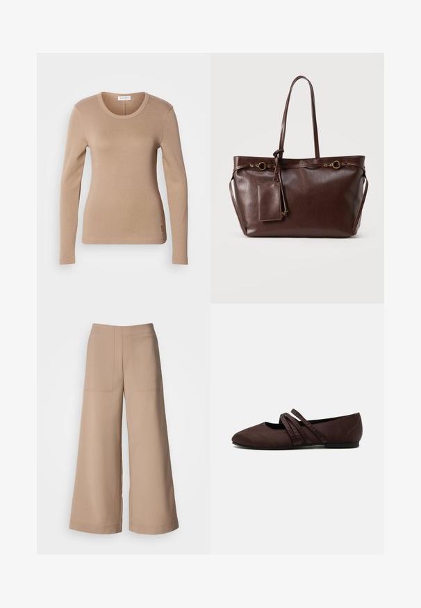 Langwerpige top in lichtbeige, met een ronde halslijn en een slim fit. Gemaakt van zachte, rekbare stof met een subtiele textuur. Klein logo-detail op de zoom.; Wide-leg broeken in een lichtbeige stof. Beschikt over twee voorzakken, een platte tailleband en een gladde textuur met een verzorgde afwerking.; Bruine platte schoen met puntige neus en twee dunne gekruiste bandjes over de wreef, zichtbare stiksel details en lage hak.; Donkerbruine leren draagtas met twee lange hengsels, decoratieve gouden ringen en een aangehechte rechthoekige pouch met ritssluiting.