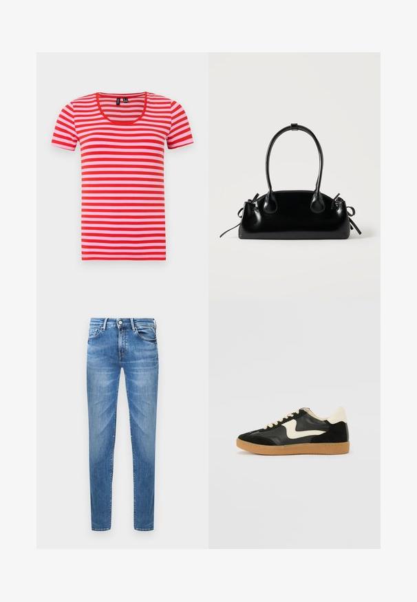 Rot-rosa gestreiftes T-Shirt, kurzärmlig, mit Rundhalsausschnitt, aus weichem Stoff, mit gleichmäßig verteilten horizontalen Streifen.; Hellblaue Jeans aus Denim im Slim-Fit. Merkmale sind ein Knopfverschluss, fünf Taschen und eine gewischte Textur an den Oberschenkeln.; Schwarze Wildleder- und Leder-Sneaker mit einem cremefarbenen Seiten-Swoosh und einer hellcremefarbenen Ferse. Ausgestattet mit beige Schnürsenkeln und einer Gummilaufsohle.; Kleine schwarze glänzende Handtasche mit zwei langen Griffen und seitlichen Kordelzug-Details vor einfachem hellem Hintergrund.