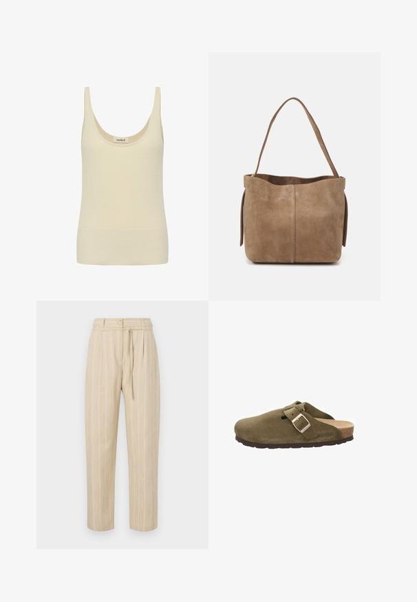 Kremfarvet, ærmeløs strikket tanktop med rund halsudskæring og ribbet kant.; Beige stribede bukser med en afslappet pasform, der har en indsnævret talje, knaplukning og bælte med slipseanordning, lavet af letvægtsstof.; Grøn ruskindsklump med en bred rem og metalspænde, korksål og gummiydersål. Har et lille ventilationshul på overdelen.; Brun ruskinds tote taske med en blød overflade, åben top og en enkelt skulderrem. Har en glat finish og minimal detaljer.