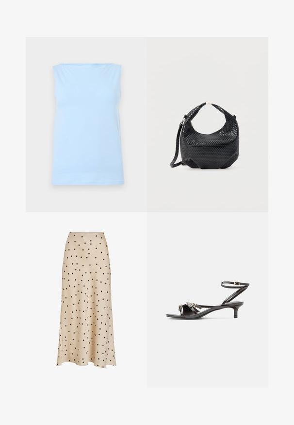 Camiseta sin mangas azul claro con escote recto, mostrada extendida sobre un fondo neutro.; Falda midi beige hecha de tejido suave, con un estampado de lunares negros en toda la superficie, con una silueta ligeramente flared y detalle de abertura.; Sandalia de charol negro con tiras delgadas, tacón pequeño tipo gatito y cierre ajustable con hebilla en el tobillo.; Bolso de mano de cuero negro trenzado con asa corta y correa de hombro desmontable, exhibido sobre un fondo claro y liso.
