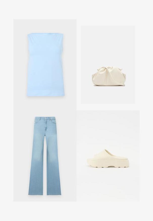Hellblaues ärmelloses Tanktop mit geradem Ausschnitt, flach auf neutralem Hintergrund präsentiert.; Hellblaue, hoch taillierte Jeans aus Denim mit weitem Bein, vorderer Knopfleiste und Reißverschluss sowie Taschen vorne und hinten.; Beige Slippersandale mit einer glatten, gummiartigen Oberfläche, runder Zehenpartie, dicker Sohle und strukturiertem Boden für guten Halt. Minimalistisches Design.; Weiche, cremefarbene Leder-Clutch mit gerafftem Design und einem dünnen Schulterriemen, der vorne auf einem schlichten Hintergrund liegt.