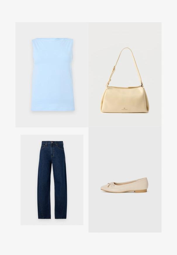 Lyseblå ærmeløs tanktop med lige halsudskæring, vist fladt mod en neutral baggrund.; Mørkeblå straight-leg denimjeans med knap- og lynlåsforside, bæltestropper og orange kontrastsyning på sømme og lommer.; Beige balletflader lavet af glat syntetisk materiale. Har en lille blokhæl og en knyttet detalje med gyldne accenter på tåen.; Beige rektangulær skuldertaske med justerbar rem og lynlås, med en lille "Anna Field"-logo midt foran.