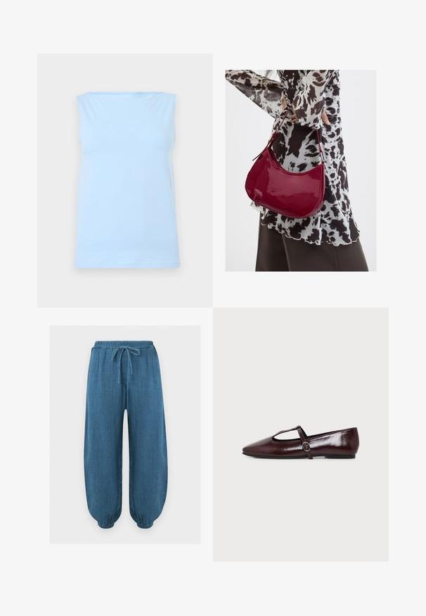 Débardeur bleu clair sans manches avec un décolleté droit, présenté à plat sur un fond neutre.; Pantalon bleu texturé ample avec ceinture élastique et poignets aux chevilles, avec un cordon de serrage à l'avant pour l'ajustement.; Chaussure plate en cuir bordeaux foncé avec un bout pointu et une fine bride en T avec une boucle argentée sur fond blanc.; Femme portant un chemisier à motif noir et blanc tenant un sac à main rouge brillant sur un fond uni.