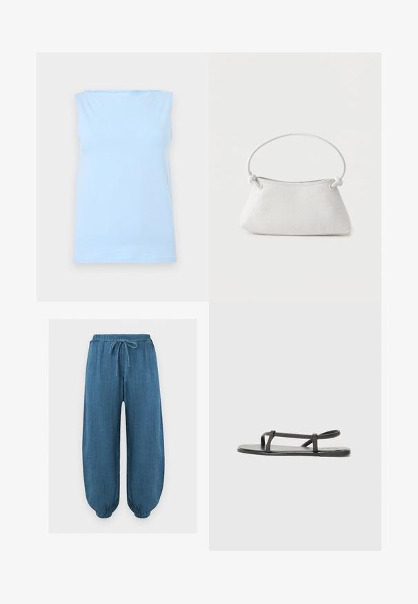 Débardeur bleu clair sans manches avec un décolleté droit, présenté à plat sur un fond neutre.; Pantalon bleu texturé ample avec ceinture élastique et poignets aux chevilles, avec un cordon de serrage à l'avant pour l'ajustement.; Sandales plates noires avec des sangles fines et texturées, au design minimaliste. La semelle est lisse et la forme globale est élégante et discrète.; Sac à main en cuir tressé blanc avec poignée arrondie et extrémités de lanière nouées, présenté sur un fond uni.