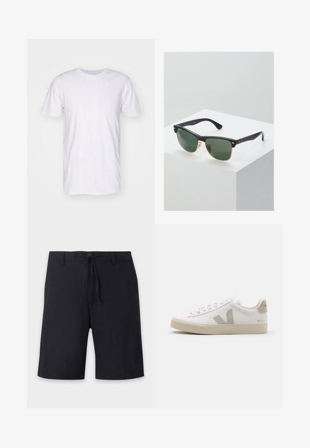 Selected SLHASPEN SLUB TEE - Lihtne T-särk - bright white; Mustad põlveni püksid vööaasade, nööpklapi ja reguleeritava nööriga vöökohal.; Valge nahkne tenniseteostus beežide aktsentidega, tasane kummist tald, ümar varvas ja kontrastne logo küljel ja taga. Sidumisdisain.; Ray-Ban'i prillid roheliste objektiividega, mustade plastikraamide ja kuldsete aktsentidega servadel. Ruudukujuline kuju mati viimistlusega.