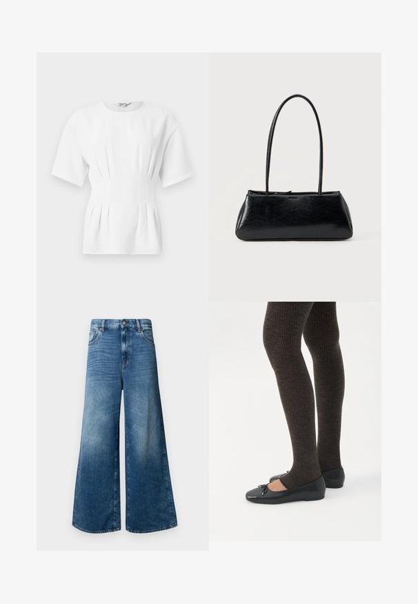 Hvid kortærmet tætsiddende top med rynkede sidesømkiler og rund halsudskæring.; Bredde denim jeans i mellemblå med et klassisk fem-lomme design, knaplukning og let falmning for ekstra tekstur.; Ben iført mørke ribbede leggings kombineret med sorte balletsko med små sløjfedetaljer på hvid baggrund.; Sort rektangulær skuldertaske med lange tynde stropper og en glat, blank tekstur på en ensfarvet baggrund.