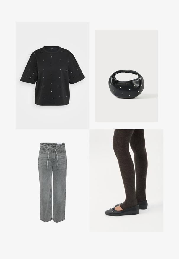 T-shirt noir à manches courtes avec une coupe décontractée, ornée de clous métalliques dispersés de couleurs variées et d'un col rond. Texture de tissu douce.; Pantalons larges en denim gris avec taille à cordon, dotés de cinq poches et d'un léger délavage, conçus avec une coupe décontractée et une texture lisse.; Jambes portant des leggings côtelés foncés associés à des ballerines noires avec de petits détails en nœud sur fond blanc.; Sac à main en cuir noir de forme arrondie, décoré de clous argentés et équipé d'une poignée courte. Texture lisse et fermeture éclair.