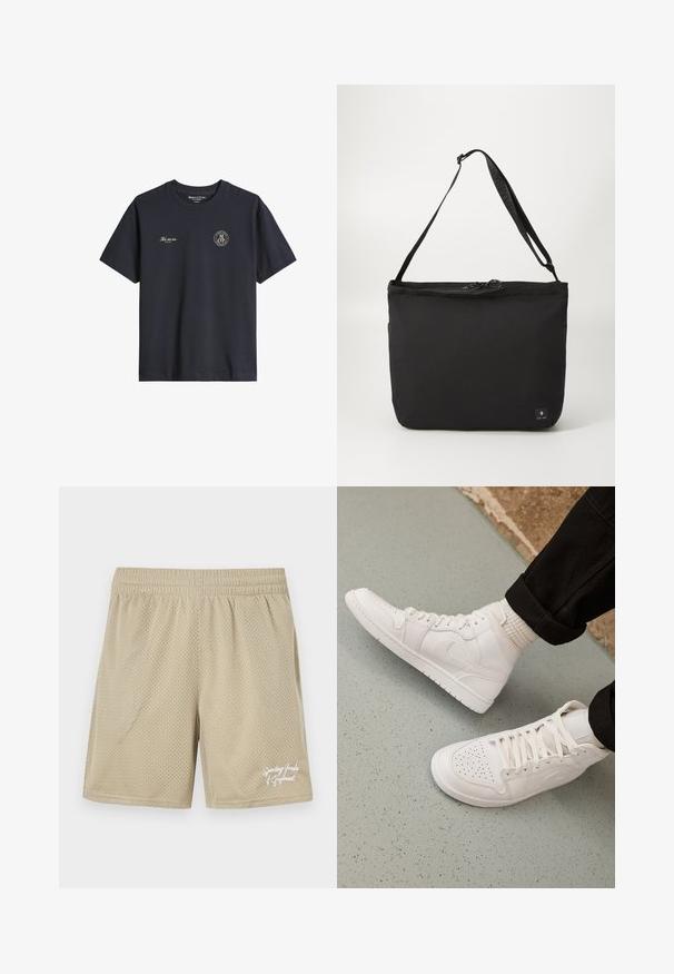 T-shirt noir à manches courtes Marc O'Polo avec col rond, petit patch logo sur la poitrine gauche et texte « Tis on us. Since 1967 » sur la poitrine droite.; Shorts de sport couleur khaki en tissu maillé, dotés d'une taille élastique et d'un détail de logo brodé blanc sur le devant.; Baskets montantes blanches en cuir lisse avec un bout perforé, fermeture à lacets et un discret logo sur le côté. Semelle en caoutchouc texturé.; Sac à bandoulière noir avec une texture de tissu lisse, de forme rectangulaire, avec une seule bandoulière réglable et une fermeture zippée sur le dessus. Petite étiquette de logo à l'avant.