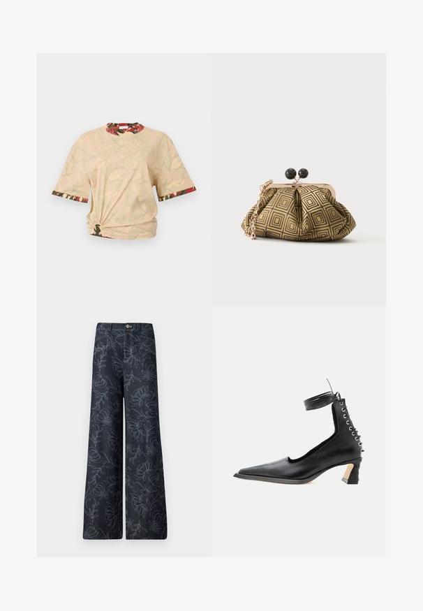 Rabanne Tričko s potlačou - beige/kaki/brique/noir; Tmavé džínsové nohavice so širokými nohavicami, na ktorých je vyšitý kvetinový vzor v svetlom modrom odtieni. Klasický dizajn s piatimi vreckami a zapínaním na prednej strane.; Čierna kožená nízko podpätková topánka so špicatou špičkou, šnurovacím detailom na päte a remienkom okolo členka na bielom jednoduchom pozadí.; Malá kabelka s geometrickým zlatým a čiernym vzorom, kovovým rámom v zlatom tóne, čiernym zapínaním v tvare guličky a krátkým zlatým retiazkovým remienkom.