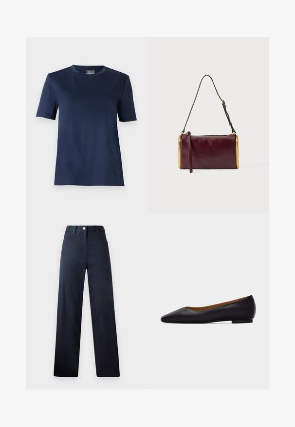 T-shirt bleu marine à manches courtes, col rond, ourlet droit et texture de tissu lisse, présenté sur un fond uni.; Pantalon bleu marine foncé avec une coupe droite, fabriqué en tissu lisse. Comprend des poches avant, une fermeture à bouton et des détails de couture subtils.; Chaussure plate en cuir noir à bout pointu avec talon bas et finition lisse, vue de côté sur un fond gris clair.; Sac d'épaule cylindrique en cuir bordeaux avec accents en métal doré et bandoulière noire réglable sur fond gris clair.