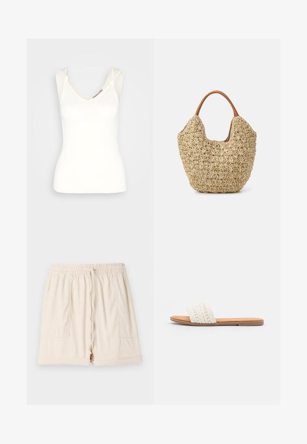 Anna Field by Zalando Top - off-white; Pantalones cortos de algodón beige con cintura elástica, cordón y dos bolsillos laterales; presentan un corte relajado y dobladillo enrollado.; Sandalia deslizante blanca tejida con textura trenzada y cuentas decorativas, que cuenta con una plantilla suave en tono marrón y suela plana de goma.; Bolsa de tote de paja trenzada con una textura natural y una forma suave y orgánica, con asas de cuero marrón para un fácil transporte.