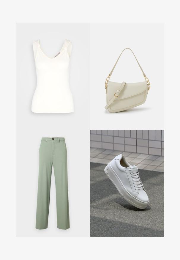 Anna Field by Zalando Μπλούζα - off-white; Ανοιχτό πράσινο παντελόνι με ίσια μπατζάκια, θηλιές για ζώνη, πλαϊνές τσέπες και κλείσιμο με κουμπί στη μέση.; Λευκό δερμάτινο sneaker με χαμηλό σχέδιο, επίπεδα κορδόνια, στρογγυλή μύτη και υφασμάτινες πλευρές. Παχύ καουτσούκ σόλα με διακριτικά σημεία.; Μικρή κρέμα τσάντα χεριού με υφή, μακριά ρυθμιζόμενη λουρί, αλυσίδα ως διακόσμηση και κλείσιμο με καπάκι. Χρυσές λεπτομέρειες.