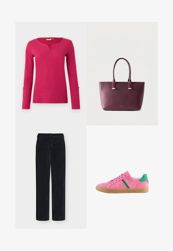T-shirt à manches longues rose avec une texture côtelée, présentant un col Henley et une patte de boutonnage à trois boutons. Comprend des accents fendus aux bords des manches.; Pantalon noir droit avec fermeture à boutons et fermeture éclair, passants de ceinture et poches latérales sur fond uni.; Basket basse avec tige en daim rose, languette talonnière verte et bandes latérales, lacets roses et semelle en caoutchouc beige.; Sac fourre-tout en cuir violet foncé avec deux poignées et petit logo de marque doré sur le devant, posé sur un fond clair uni.