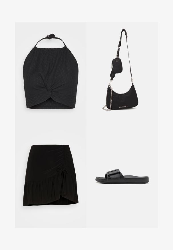 Even&Odd by Zalando WRINKLE HALTER - Top - black; Even&Odd by Zalando Mini skirts - black; Sort sklidesandal med bred rem, justerbart spænde, flad sål og glat mat tekstur. Enkel design uden ekstra mønstre.; Sort nylon skuldertaske med en buet form, sølvfarvet kædeaccent, aftagelig mini-pung og justerbar rem; prydet med "Steve Madden" logo.