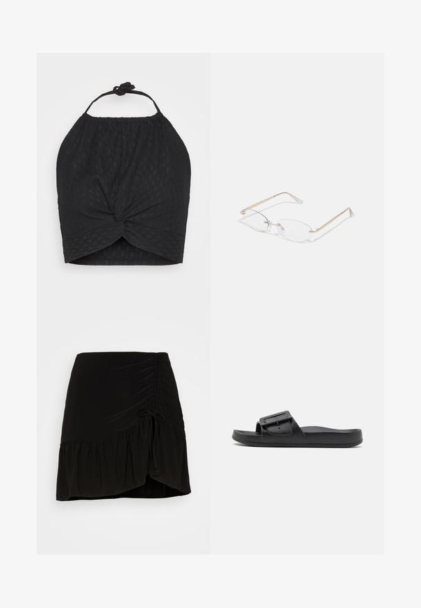 Even&Odd by Zalando WRINKLE HALTER - Top - black; Even&Odd by Zalando Minifalda - black; Chancla negra con una correa ancha, hebilla ajustable, suela plana y textura mate suave. Diseño simple sin patrones adicionales.; Gafas de metal dorado con lentes ovalados, brazos delgados y almohadillas nasales transparentes. Presentan sutiles acentos en las bisagras y lentes transparentes.
