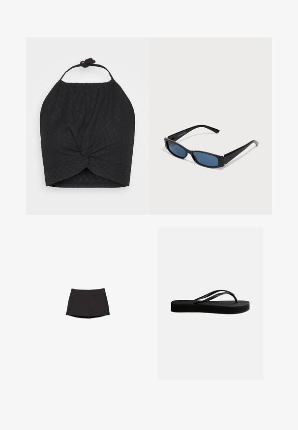 Even&Odd by Zalando WRINKLE HALTER - Débardeur - black; Skort athlétique noir avec une taille ajustée et un ourlet court, conçu pour une tenue active avec un tissu lisse et extensible.; Tongs en caoutchouc noir avec semelle texturée et bride en forme de Y, vues de côté sur un fond clair uni.; Lunettes de soleil noires avec une monture rectangulaire élégante et des verres bleus. Présente une texture lisse et des branches robustes. Logo de la marque sur le côté.
