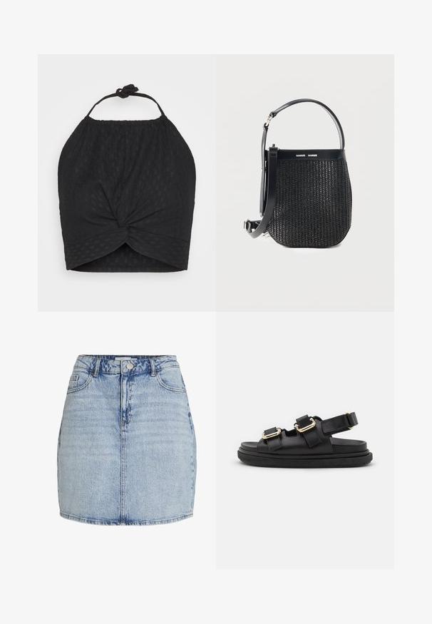 Even&Odd WRINKLE HALTER - Top - black; Hellblaue Jeans-Minirock mit vorderem Knopf- und Reißverschluss, Gürtelschlaufen und vorderen Taschen.; ALOHAS HARPER - Riemensandalette - black; Schwarze gewebte Handtasche mit abgerundetem Boden, Lederbesatz, verstellbarem Schulterriemen und Samsøe Samsøe Markenlogo am oberen Band.