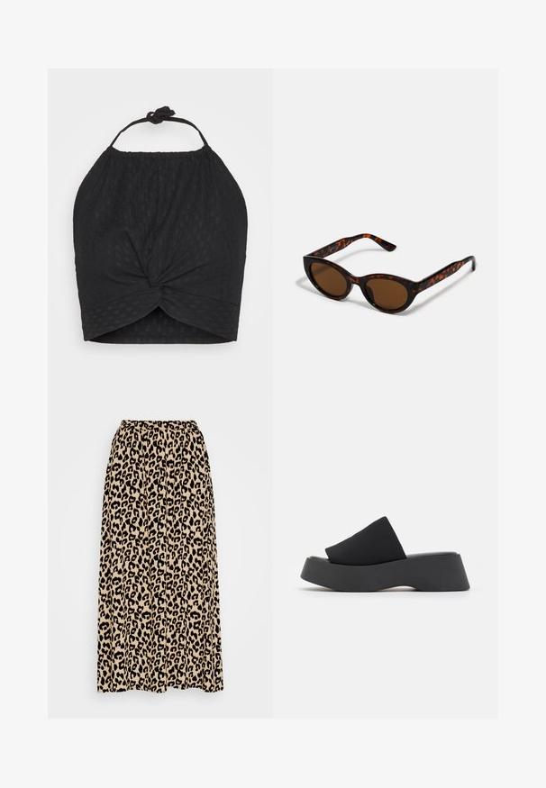 Even&Odd by Zalando WRINKLE HALTER - Top - black; Leopartrykt midi-nederdel i beige og sort. Har en elastisk talje og en plisseret design for øget bevægelse og pasform.; Call it Spring VENISE B.E.D FOAM - Mules med hæl - black; Brune skildpadde solbriller med en vintage katteøje-form og brune linser. Har buede arme med røde detaljer.