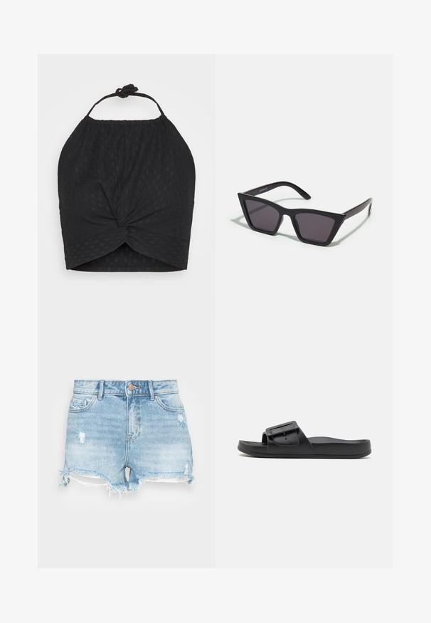 Even&Odd by Zalando WRINKLE HALTER - Top - black; Denimshorts i lyseblå med en distressed finish, frynset kant og klassisk fem-lomme design. Har en metal knaplukning.; Sort sklidesandal med bred rem, justerbart spænde, flad sål og glat mat tekstur. Enkel design uden ekstra mønstre.; Sorte, kantede solbriller med grå linser; lavet af plast, med tykke stænger med en glat overflade og ingen synlig hardware.