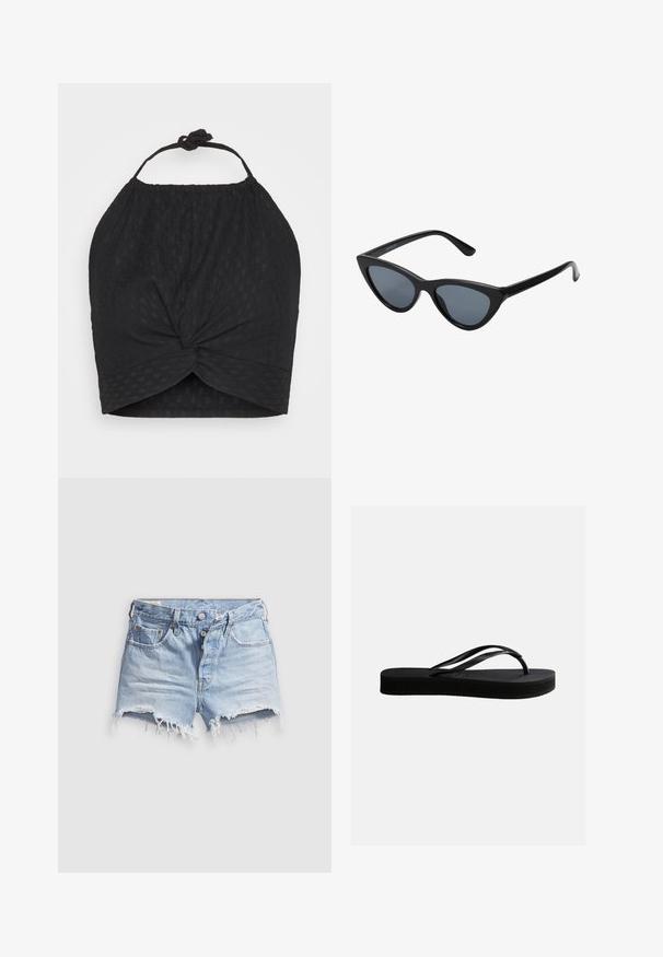 Even&Odd by Zalando WRINKLE HALTER - Top - black; Pantalones cortos de mezclilla azul claro con dobladillos deshilachados, cinco bolsillos y cierre de botones. La textura es suave con un aspecto ligeramente desgastado.; Chancla negra de goma con suela texturizada y correa en forma de Y, mostrada en vista lateral sobre un fondo liso y claro.; Gafas de sol negras en forma de ojo de gato con lentes gris oscuro, marco de plástico elegante, esquinas puntiagudas y patillas rectas. Sin herrajes ni acentos visibles.