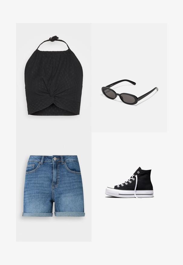 Even&Odd by Zalando WRINKLE HALTER - Débardeur - black; Short en jean bleu avec ourlets roulés, fermeture devant par bouton et fermeture éclair, passants de ceinture, poches avant et poche monnaie.; Baskets montantes en toile noire avec semelle en caoutchouc blanche et lacets blancs, vues de côté sur un fond blanc.; Even&Odd by Zalando Lunettes de soleil - black