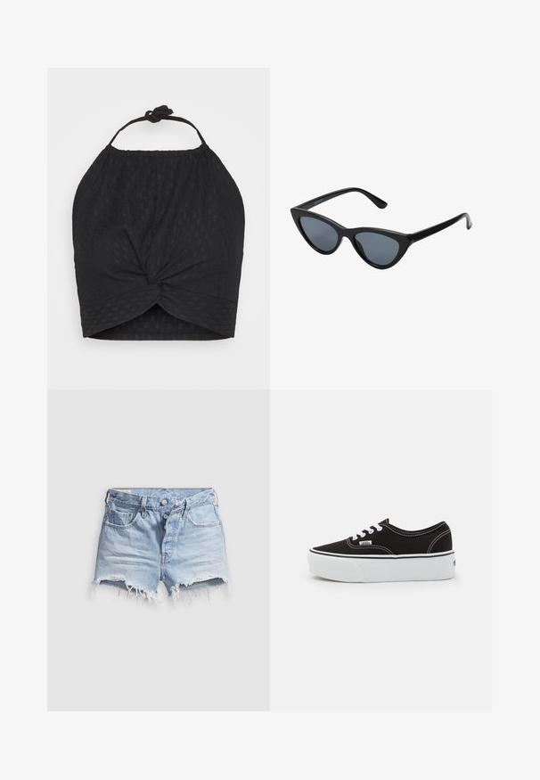Even&Odd WRINKLE HALTER - Topp - black; Heledad sinist sinisest teksast lõigatud lühikesed püksid, millel on lõdvestunud servad, viis taskut ja nööbist käivitus.; Must musta tennis jalanõud valge kummi platvormi tallaga, valgete paelte ja õmblustega, ikoonilise kaubamärgiga küljes, madala lõikega disain.; Mustad musta kassi silmadega päikeseprillid tumedate hallide läätsedega, stiilne plastraam, teravad nurgad ja sirged kaared. Nähtavad metallist osad või aksessuaarid puuduvad.
