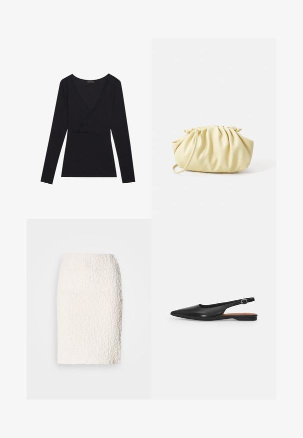 T-shirt noir à manches longues avec un design enveloppant, doté d'un décolleté en V orné de dentelle, fabriqué dans un tissu doux avec une silhouette ajustée.; Jupe crayon blanche texturée avec une surface légèrement duveteuse, longueur genoux, présentant un design ajusté et sans fermetures ni embellissements visibles.; Chaussure slingback en cuir noir avec un bout pointu, un léger éclat et une bride de cheville réglable. Talon plat avec une semelle intérieure marron.; Sac à main plissé jaune en simili cuir lisse, arborant une forme douce avec une bandoulière unique et un design froncé sur le dessus.
