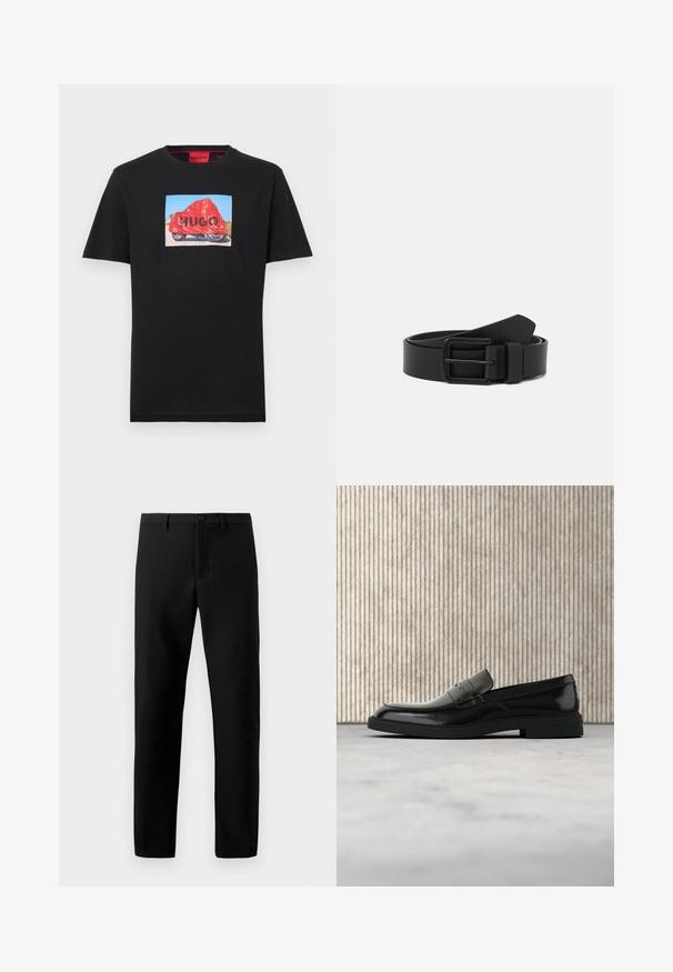 Sort T-shirt med korte ærmer og et firkantet billede af en motorcykel med rød beskyttelse og teksten "HUGO" på dækslet.; Sorte bukser lavet af glat stof, med knaplukning, lige ben design og ingen synlige mønstre, med rene linjer.; Sort poleret læderloafer flydende over beige tæppe med orange gennemsigtigt møbel i baggrunden.; Sort læderbælte med en mat overflade, rektangulær metalspænde og en glat tekstur. Har et enkelt design uden synlige mønstre.