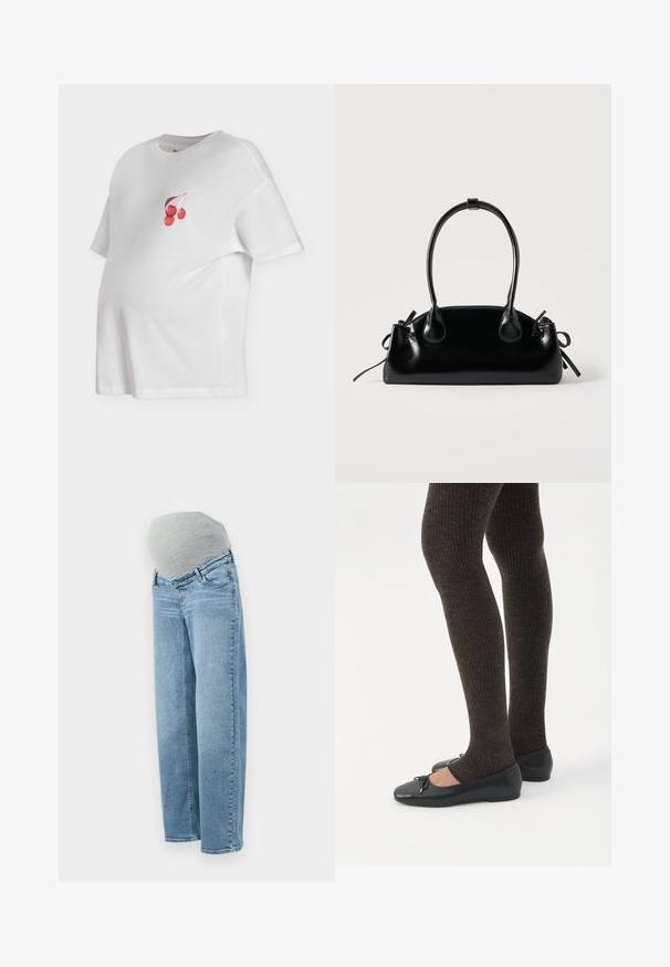 Weißes Umstands-T-Shirt mit kurzen Ärmeln, rundem Ausschnitt und kleinem Motiv von drei roten Kirschen mit braunem Stiel auf der Brust.; Umstandshosen mit heller blauer Waschung, entspannter Passform und grauem elastischen Bauchband für Komfort und Flexibilität während der Schwangerschaft.; Beine in dunklen, gerippten Leggings kombiniert mit schwarzen Ballerinas mit kleinen Schleifendetails auf weißem Hintergrund.; Kleine schwarze glänzende Handtasche mit zwei langen Griffen und seitlichen Kordelzug-Details vor einfachem hellem Hintergrund.