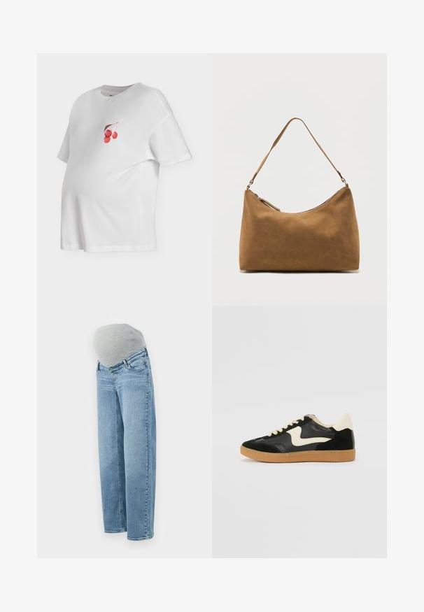 Hvid kortærmet graviditetst-shirt med rund halsudskæring og lille grafik af tre røde kirsebær med brun stilk på brystet.; Graviditetsjeans med en lys blå vask, afslappet pasform og grå elastisk mavebånd for komfort og fleksibilitet under graviditeten.; Sorte ruskinds- og lædersneakers med en cremefarvet side-swoosh og lys cremefarvet hæl. Har beige snørebånd og en gummirubber-sål.; Brun skuldertaske i ruskind med enkelt rem og lynlås øverst, vist mod en ensfarvet hvid baggrund.