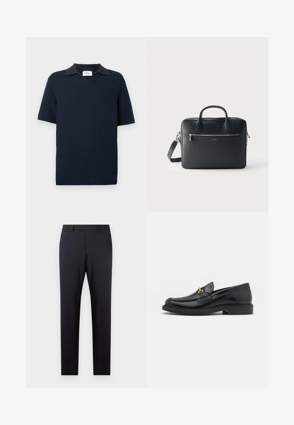 Polo bleu marine à manches courtes avec un motif ondulé texturé et un petit col ouvert, présenté sur un fond blanc.; Pantalons taillés bleu marine foncé avec un devant plat, coupe ajustée, poches latérales et une texture lisse ; sans motifs ni embellissements visibles.; Mocassins en cuir noir avec un embout rond, présentant des accents en métal doré et des détails de couture, montés sur une semelle en caoutchouc texturé et basse.; Mallette rectangulaire en cuir noir avec doubles poignées, poche zippée avant et bandoulière amovible sur un fond clair uni.