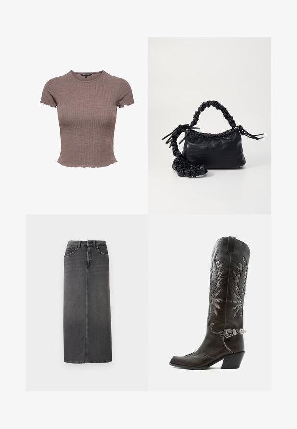 Lühikeste varrukatega soonikkootud lühendatud top kahvatupruuni tooniga, ümmarguse kaelusega ja servades lainelise äärega varrukatel ning allservas.; Hallhalli denim midi seelik, sirge lõikega, viie taskuga ja vöökandidega. Esipool on nööbiga kinni ja sellel on minimaalne õmblusdisain.; Mustast nahast kameelisaap kaunistavate lõigetega, hõbedase pandla ja kaldu kannaosaga, valgel taustal.; Must must sünteetilisest nahast käekott, millel on krokodillimuster, kokku tõmmatav ülaosa ja kortsus rihm. Tundub pehme ja kompaktne disain.
