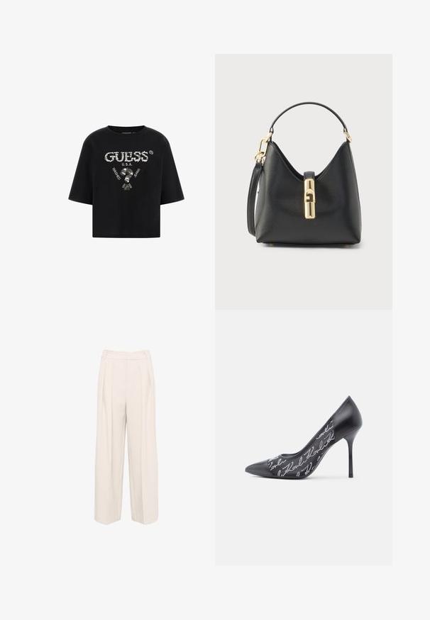 Sort kortærmet crop top med sølvfarvet paillettekst "GUESS U.S.A." og et spørgsmålstegn, med "Washed Jeans" trykt omkring det.; Vide benbukser i en lys beige farve. Fremstillet af et blødt, struktureret stof med dobbelt plisseringer og en høj talje design.; Sort spids tå højhælet sko med en glinsende finish, der har transparente netpaneler på siderne pyntet med sølvperlede mønstre og en slank silhuet.; Sort læderhåndtaske med en struktureret overflade, der har en lås i guldfarve, et fladt håndtag og en struktureret form. Kompakt og alsidigt design.