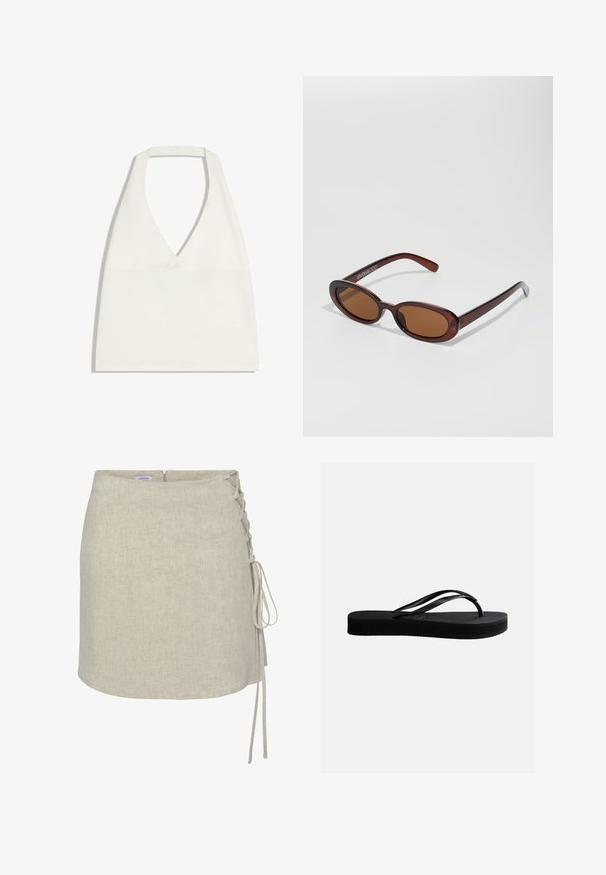 Hvid kort top med halterneck, dyb V-udskæring og brede stropper, vist fladt på hvid baggrund.; Beige linnedraperet nederdel med en snørredetalje på venstre side, lige snit og lynlås i ryggen. Glat, tekstureret stof.; Sort gummiflipflop med tekstureret sål og Y-formet rem, vist i sideprofil mod en ensartet lys baggrund.; Runde, bruntonede solbriller med en glansfuld bordeauxramme. Slanke arme med diskret brandingdetalje. Flad linsedesign.