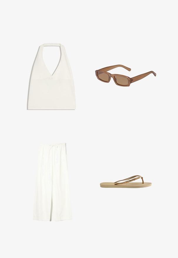 Biely crop top s halterneck výstrihom do tvaru V a širokými ramienkami, zobrazený na bielom pozadí.; Biele široké ľanové nohavice s elastickým pásom a sťahovacou šnúrkou, vybavené bočnými vreckami a predným rozparkom.; Šľapky s béžovou textúrovanou podrážkou, tenkými hnedými popruhmi a zlatými trblietkami. Ľahký dizajn vhodný na bežné nosenie.; Hnedé, obdĺžnikové slnečné okuliare s priesvitným rámom, štíhlymi stranicami a tónovanými sklami, s hladkou textúrou a moderným dizajnom.