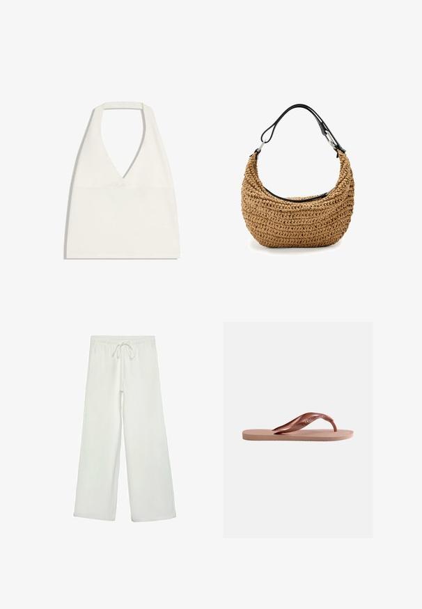 Biely crop top s halterneck výstrihom do tvaru V a širokými ramienkami, zobrazený na bielom pozadí.; Biele nohavice s širokými nohavicami vyrobené z mäkkej tkaniny. Majú elastický pás s šnúrkou a hladký povrch. Žiadne viditeľné vzory ani kovania.; Jedna ružová gumová žabka s textúrovanou stielkou a širokým Y-tvarovým remienkom na jednoduchom bielom pozadí.; Pletená slamenná kabelka v béžovej farbe s oblým tvarom, vybavená čiernym koženým remienkom a striebornými kovovými detailmi. Textúrovaný povrch.