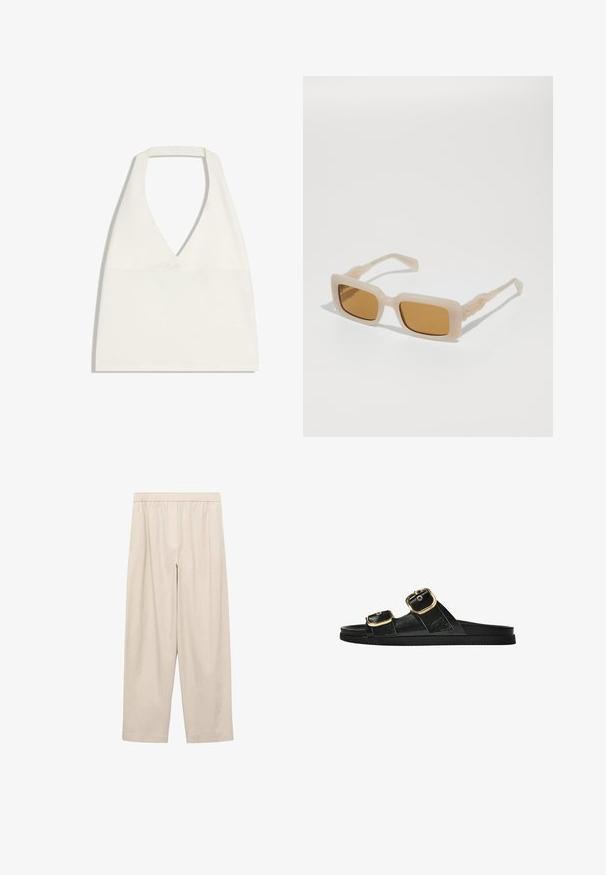 Biely crop top s halterneck výstrihom do tvaru V a širokými ramienkami, zobrazený na bielom pozadí.; Bežové, široké krátke nohavice s elastickým pásom a prednými vreckami, vystavené na bielom pozadí.; Čierne šľapky s dvoma zlatými prackami, hladký textúrovaný materiál, plochá podrážka a minimalistický dizajn.; Štvorcové slnečné okuliare so svetlo béžovými rámami a hnedými tónovanými sklami. Textúrované detaily na stranách dodávajú jedinečný akcent.