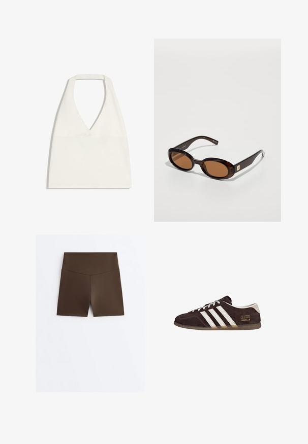 Biely crop top s halterneck výstrihom do tvaru V a širokými ramienkami, zobrazený na bielom pozadí.; Hnedé priliehavé športové šortky s vysokým pásom a detailom v tvare V na pásiku, zobrazené na bielom pozadí.; Hnedé semišové tenisky s tromi bielymi pruhmi, gumovou podrážkou a textovou nálepkou s nápisom "Gazelle" v zlatej farbe. Šnurovacie sivošedé šnúrky.; Hnedé korytnačie slnečné okuliare s oválnymi šošovkami, ktoré majú tenký rám a malý kovový akcent na strane. Textúrovaný a lesklý povrch.